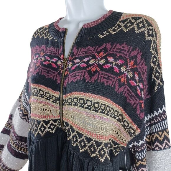 NWT Free People S Cabin Fever Zip Sweater Black Metallic Fair Isle Boho Thermal - Picture 5 of 12
